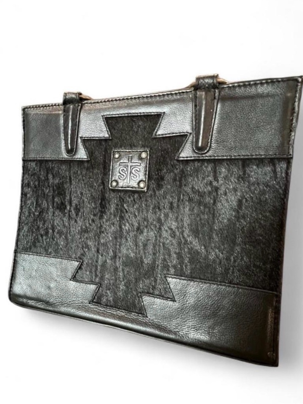 STS Black Leather & Haircalf Tote Bag with Embossed Leather Logo